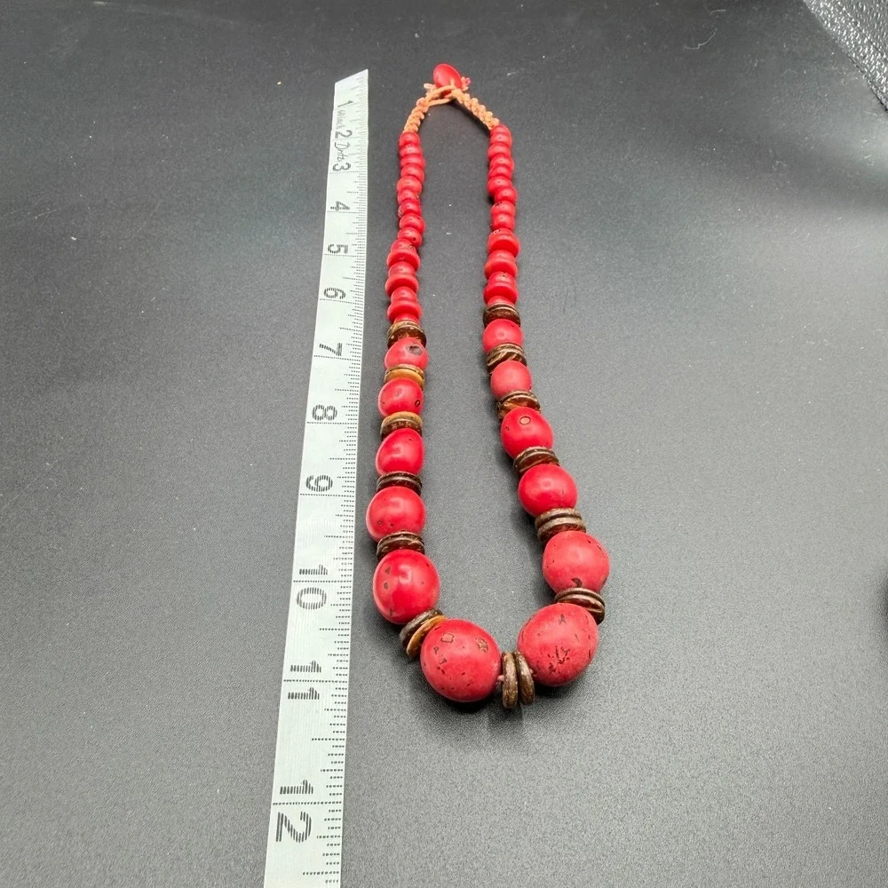 Red Graduated Bead Necklace Coconut Shell Spacers Boho Tribal Statement Jewelry